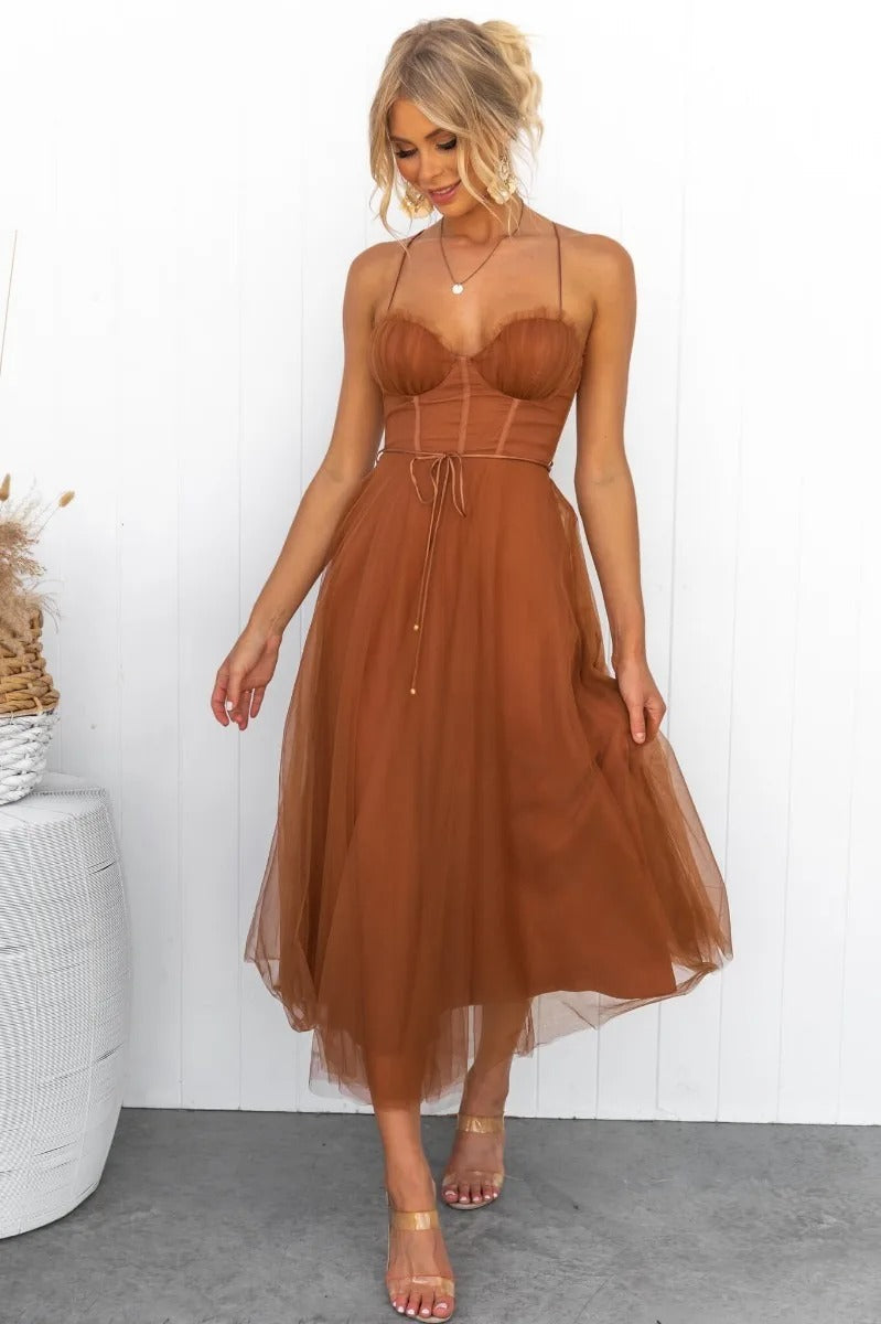 Women's Sweetheart Neck Corset Bodice Tulle Layered Midi Dress front view