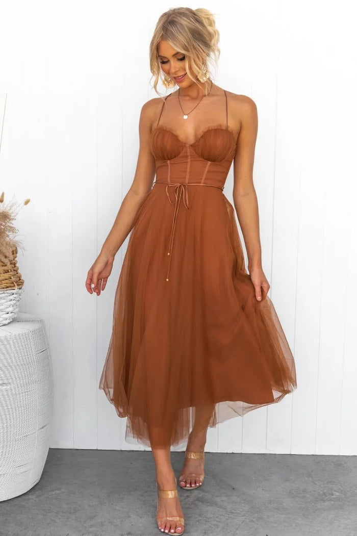 Women's Sweetheart Neck Corset Bodice Tulle Layered Midi Dress