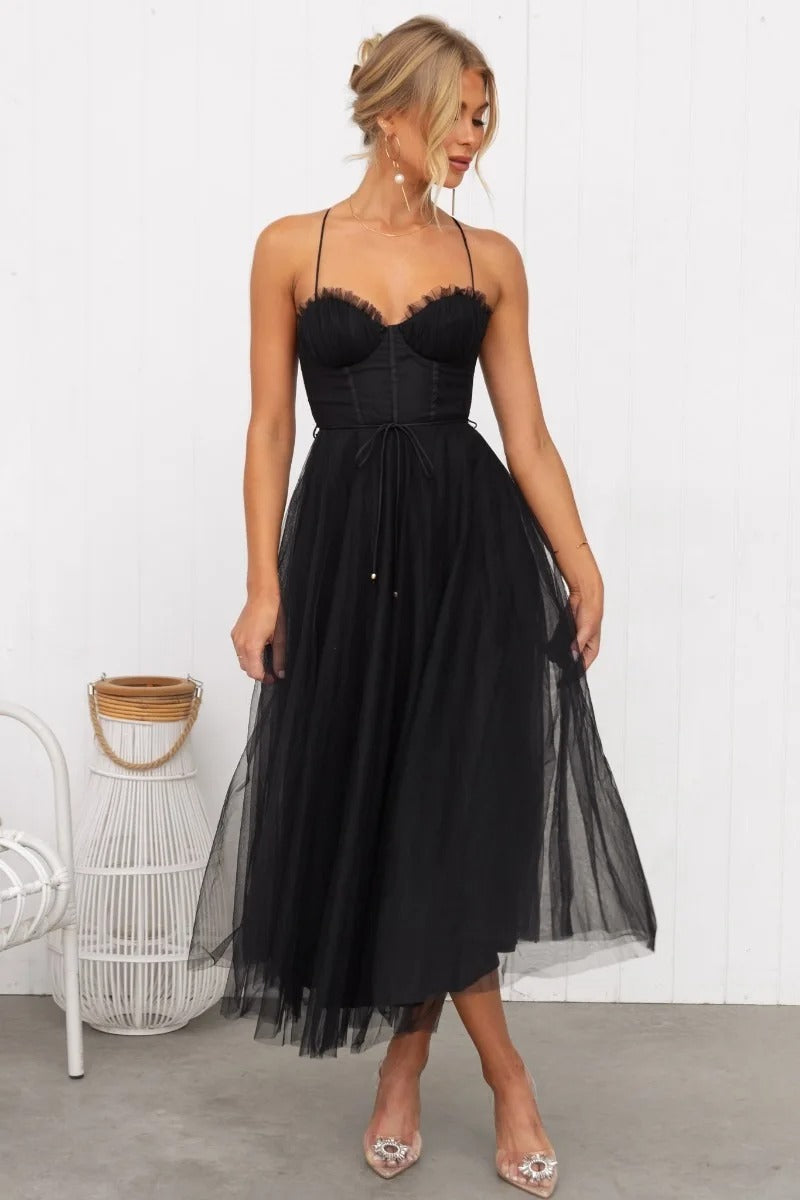 Women's Sweetheart Neck Corset Bodice Tulle Layered Midi Dress side view