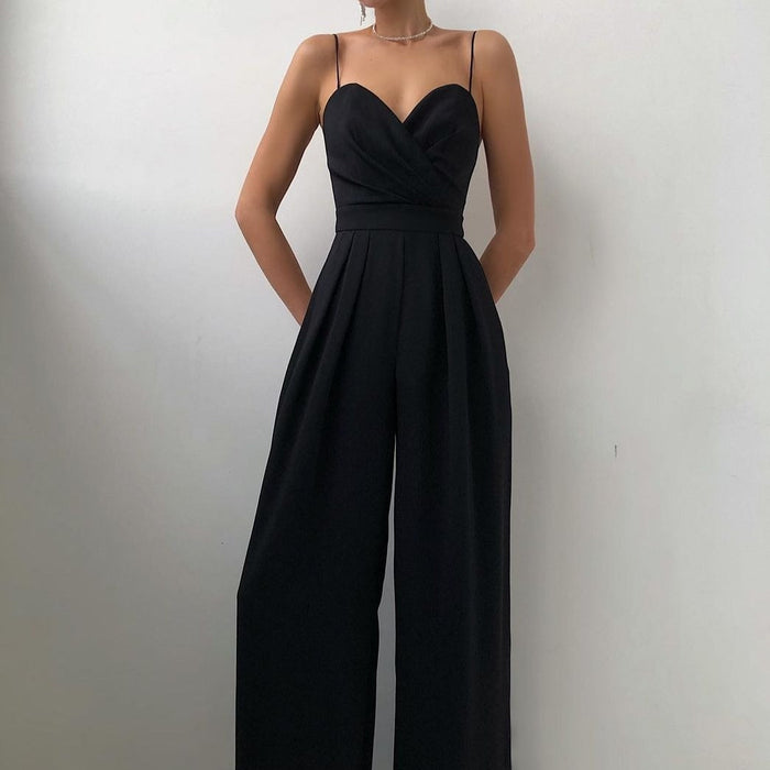 Women's Sweetheart Neck Spaghetti Strap Wrap Front Wide-Leg Jumpsuit