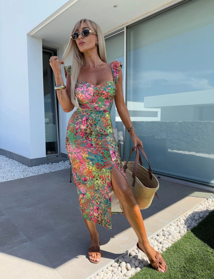 Women's Sweetheart Neckline Ruffle Strap Floral Midi Dress