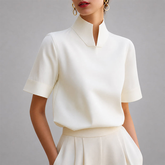 Women's V-Cut Mock Neck Short Sleeve Structured Tailored Blouse