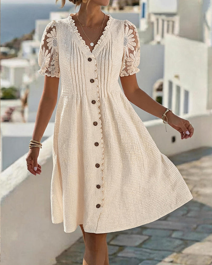 Women's V-Neck Balloon Sleeve Lace Button Front Midi Summer Dress