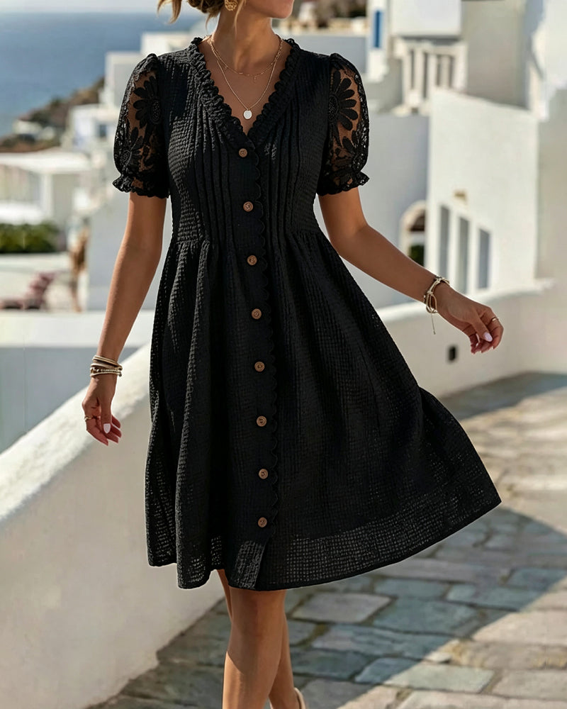 Women's V-Neck Balloon Sleeve Lace Button Front Floral Midi Summer Dress side view