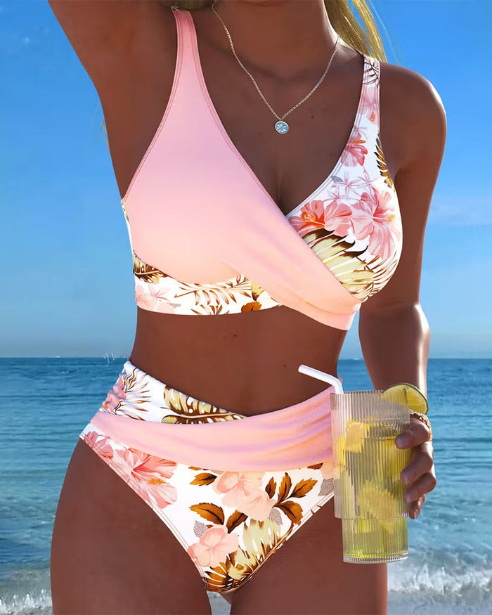 Women's V-Neck Floral Print Cut-Out High-Waisted Bikini Set