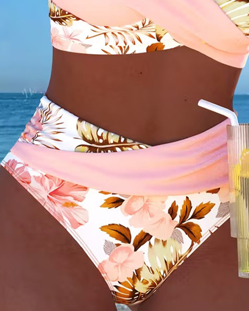 Women's V-Neck Floral Print Cut-Out High-Waisted Bikini Set front view