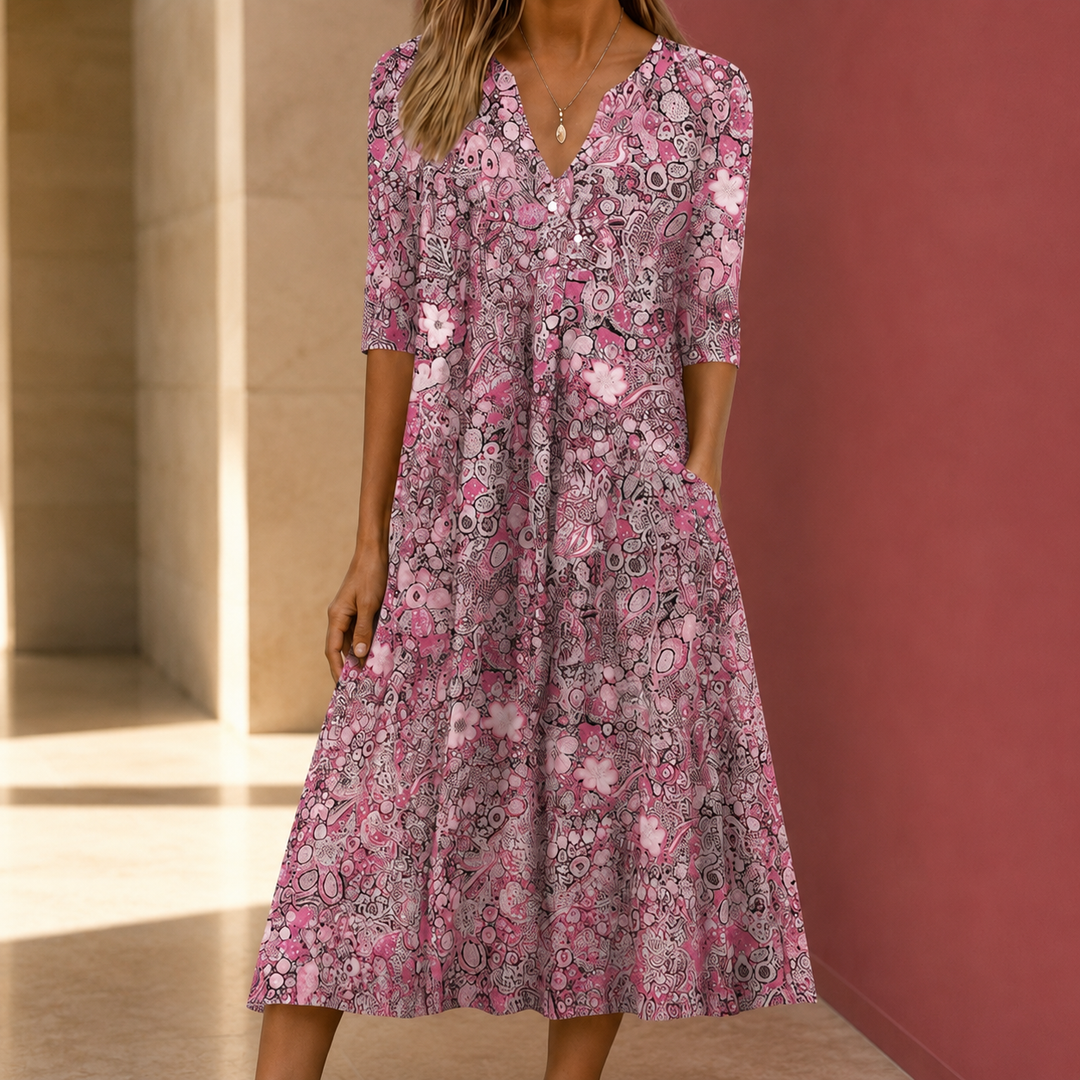 Women's V-Neck Floral Print Three-Quarter Sleeve Pocket Midi Summer Dress front view