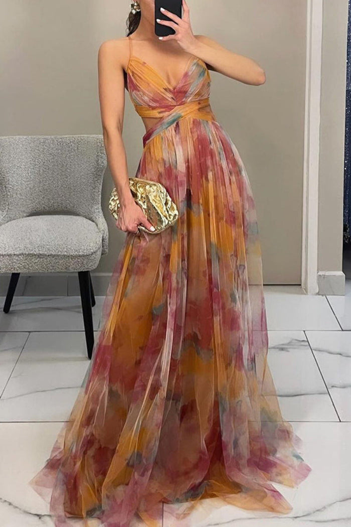 Women's V-Neck Floral Wrap Pleated Floor-Length Maxi Wedding Guest Dress