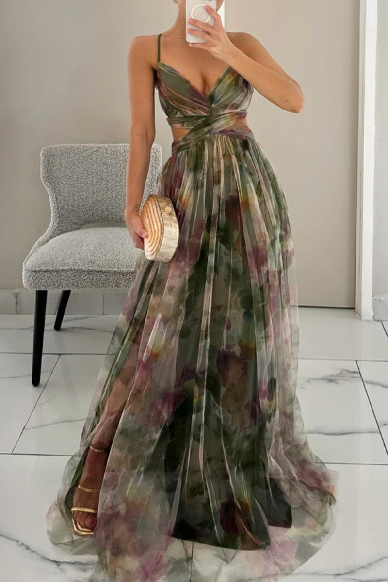 Women's V-Neck Floral Wrap Pleated Floor-Length Maxi Wedding Guest Dress side view