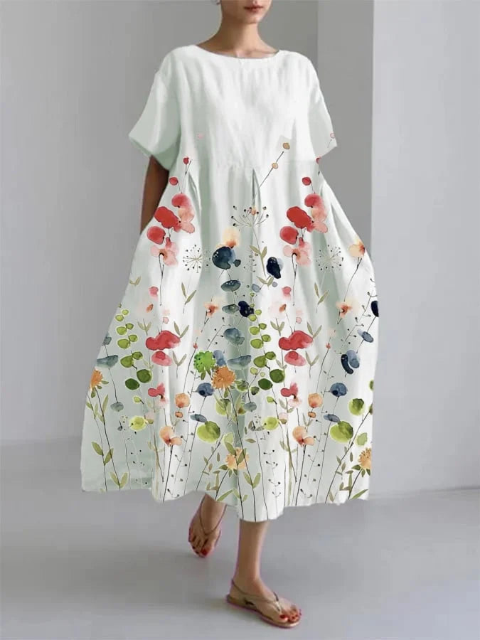 Women's V-Neck Flutter Sleeve Tie Waist A-Line Floral Midi Dress