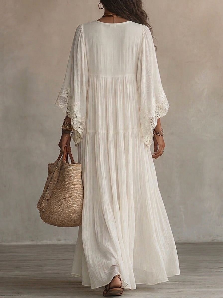 Women's V-Neck Lace Trim Batwing Sleeve Pleated Flowing Maxi Dress side view
