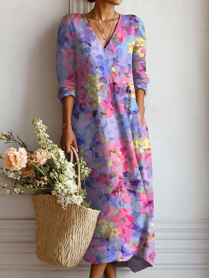 Women's V-Neck Printed Side Pocket Gathered Waist Midi Dress