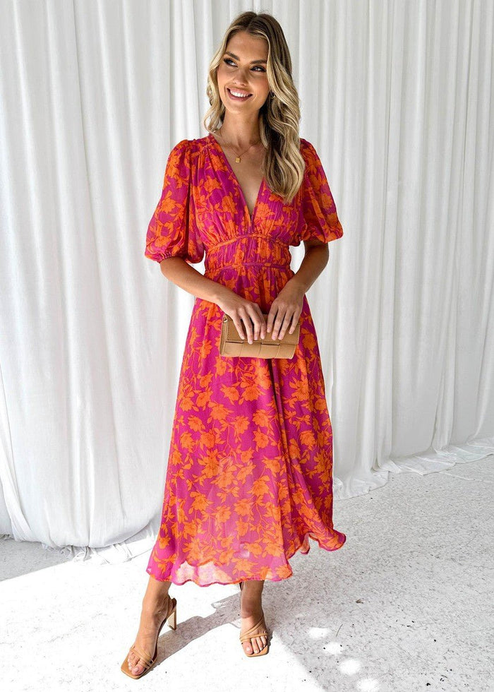Women's V-Neck Puff Sleeve Elastic Waist Floral Midi Summer Dress