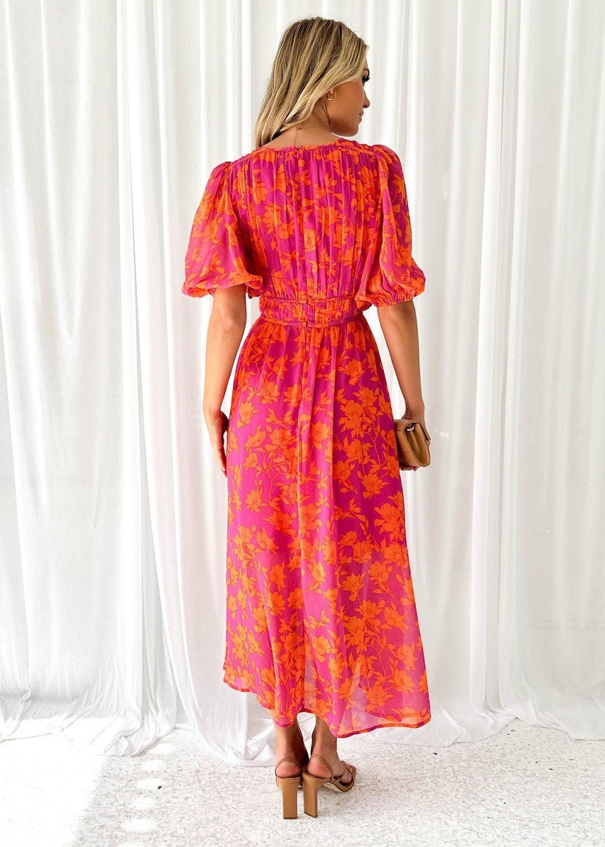 Women's V-Neck Puff Sleeve Elastic Waist Floral Midi Summer Dress side view