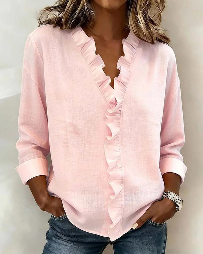 Women's V-Neck Ruffle Trim 3/4 Sleeve Relaxed Blouse