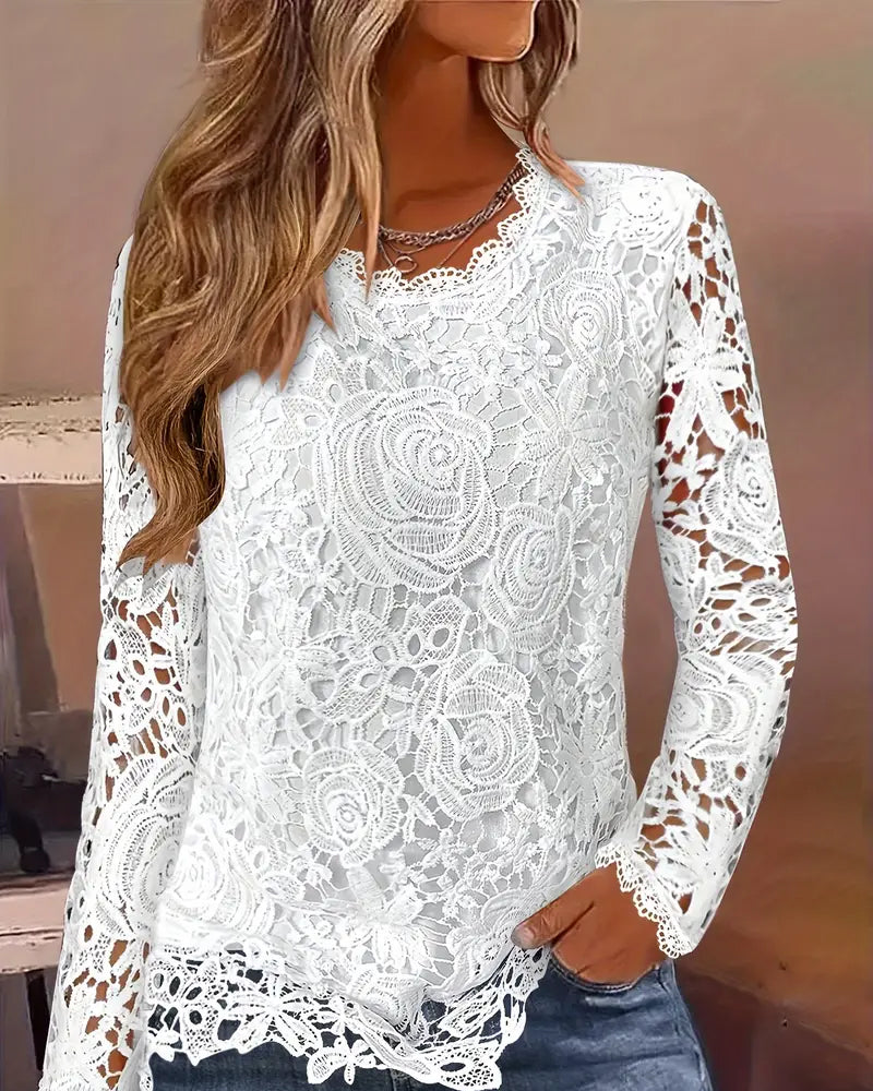 Women's V-Neck Scalloped Trim Floral Long Sleeve Lace Blouse