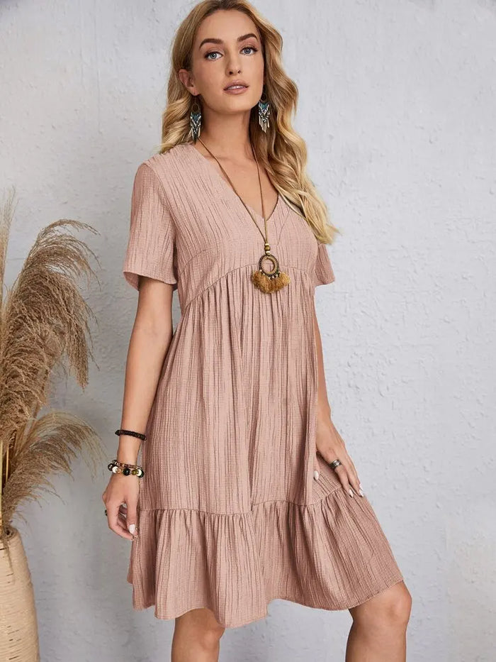 Women's V-Neck Short Sleeve Empire Seam Tiered Hem Mini Dress