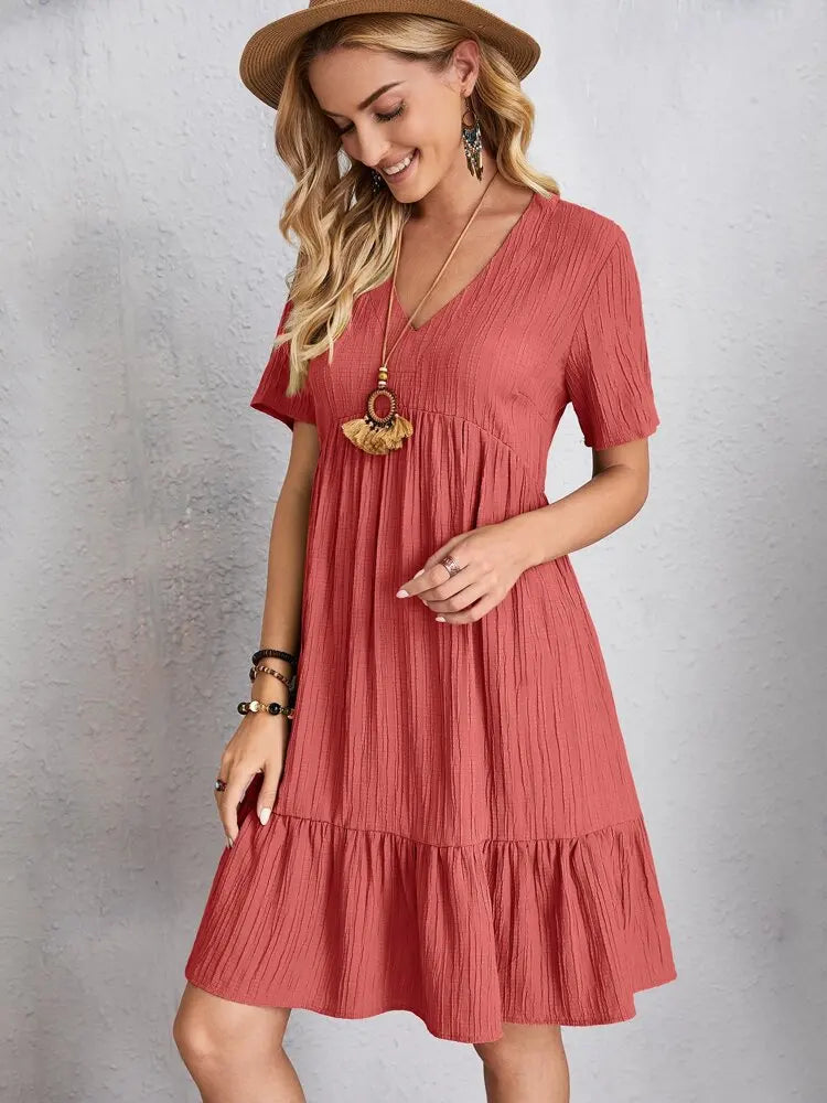 Women's V-Neck Short Sleeve Empire Seam Tiered Hem Mini Dress