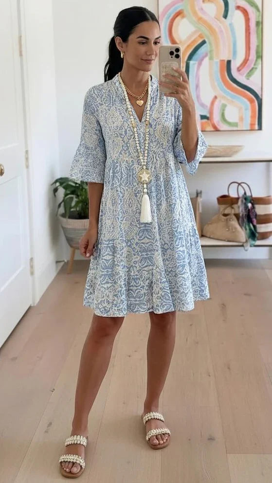 Women's V-Neck Short Sleeve Paisley Print A-Line Midi Summer Dress front view