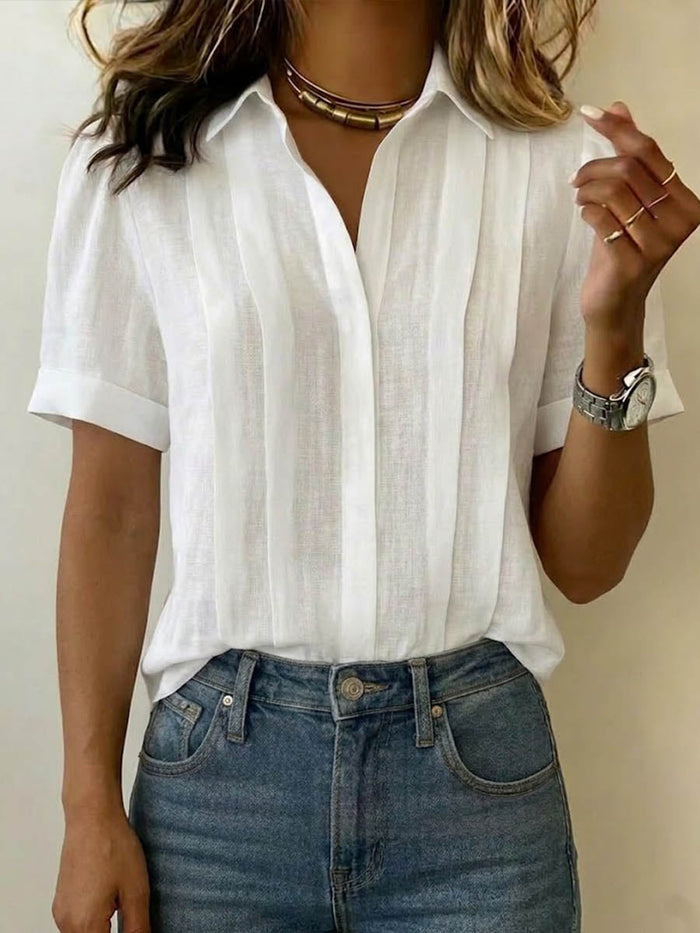 Women's V-Neck Short Sleeve Pleated Relaxed Fit Casual Blouse