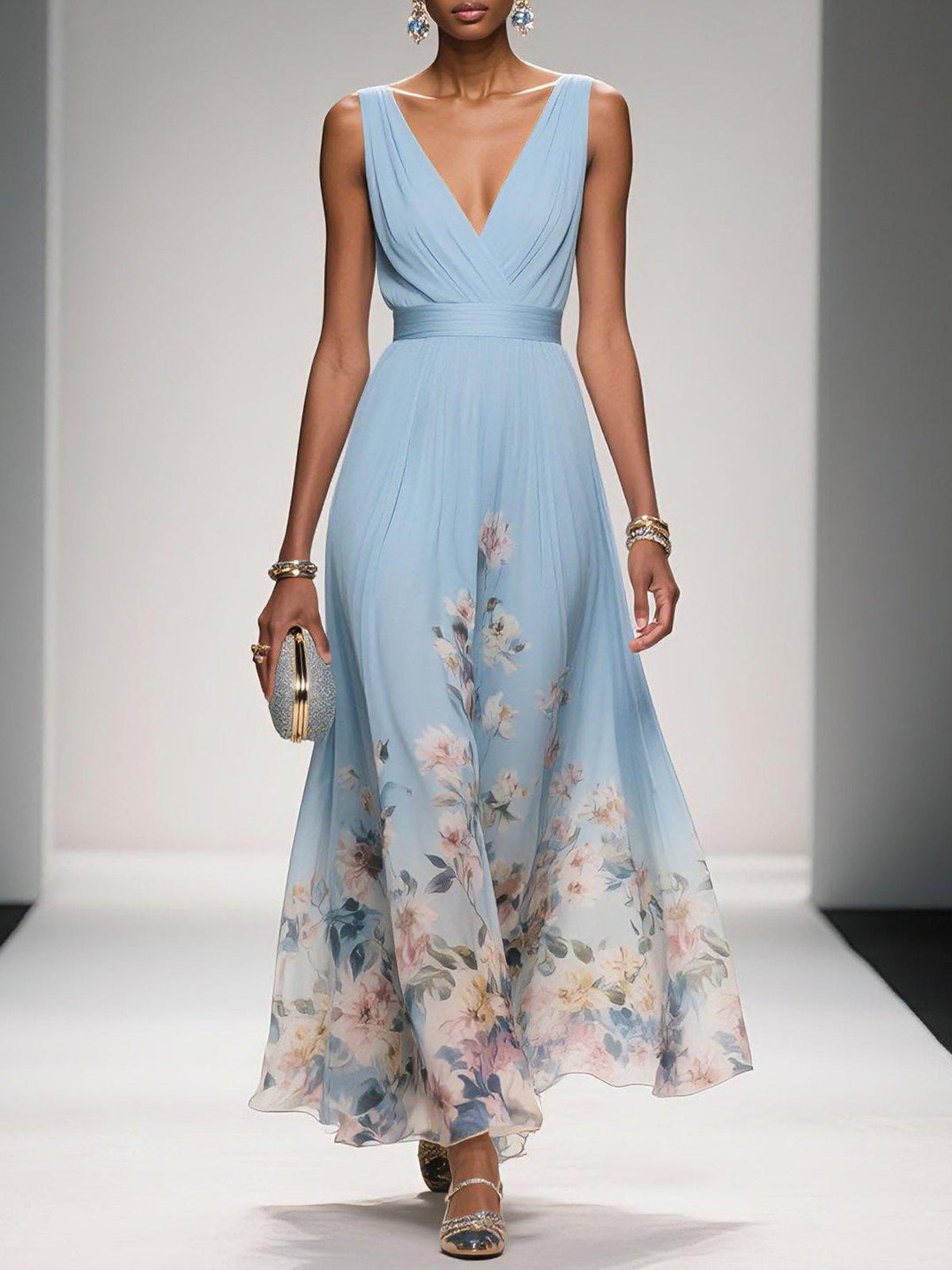 Women's V-Neck Sleeveless Floral Pleated Crossover Summer Maxi Wedding Guest Dress front view