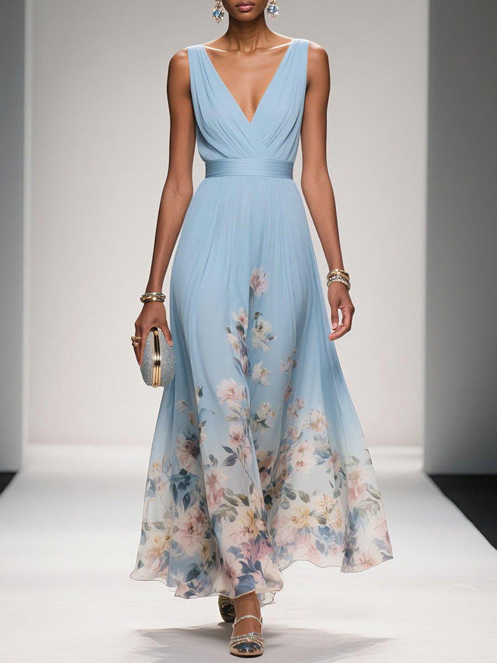 Women's V-Neck Sleeveless Floral Pleated Crossover Summer Maxi Wedding Guest Dress