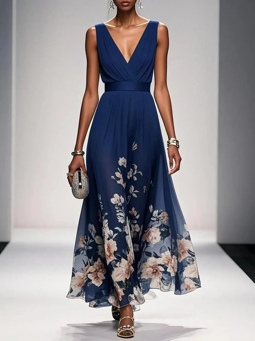 Women's V-Neck Sleeveless Floral Pleated Crossover Summer Maxi Wedding Guest Dress side view