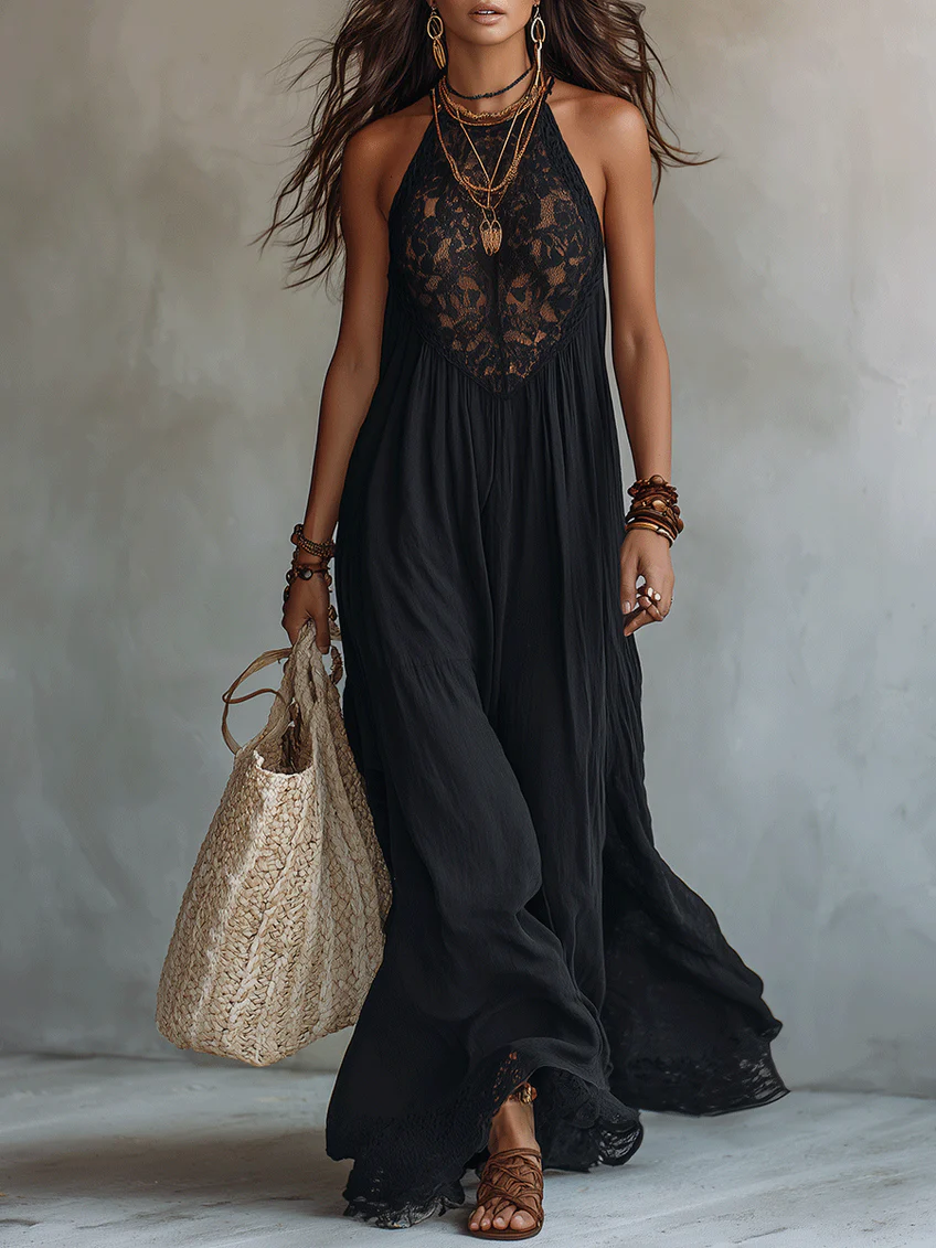 Women's V-Neck Sleeveless Lace Trim Floor Length Lace Maxi Dress front view