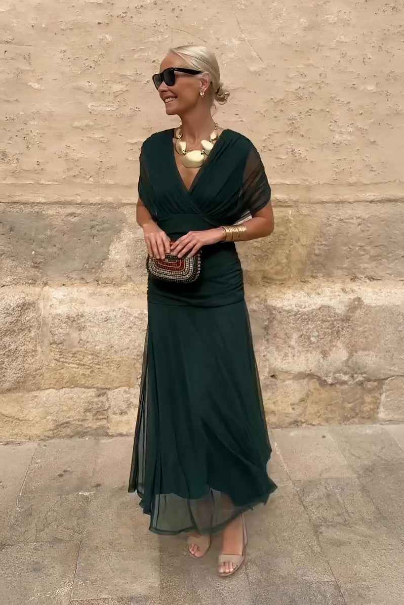 Women's V-Neck Surplice Draped Ruched Short Sleeve Maxi Wedding Guest Dress front view