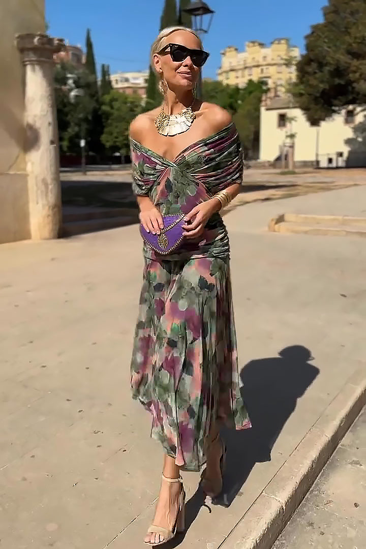 Women's V-Neck Surplice Draped Ruched Short Sleeve Maxi Wedding Guest Dress side view