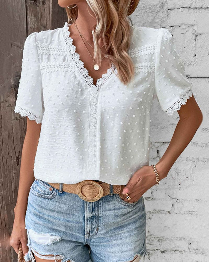 Women's V-Neck Swiss Dot Short Sleeve Lace Trim Blouse