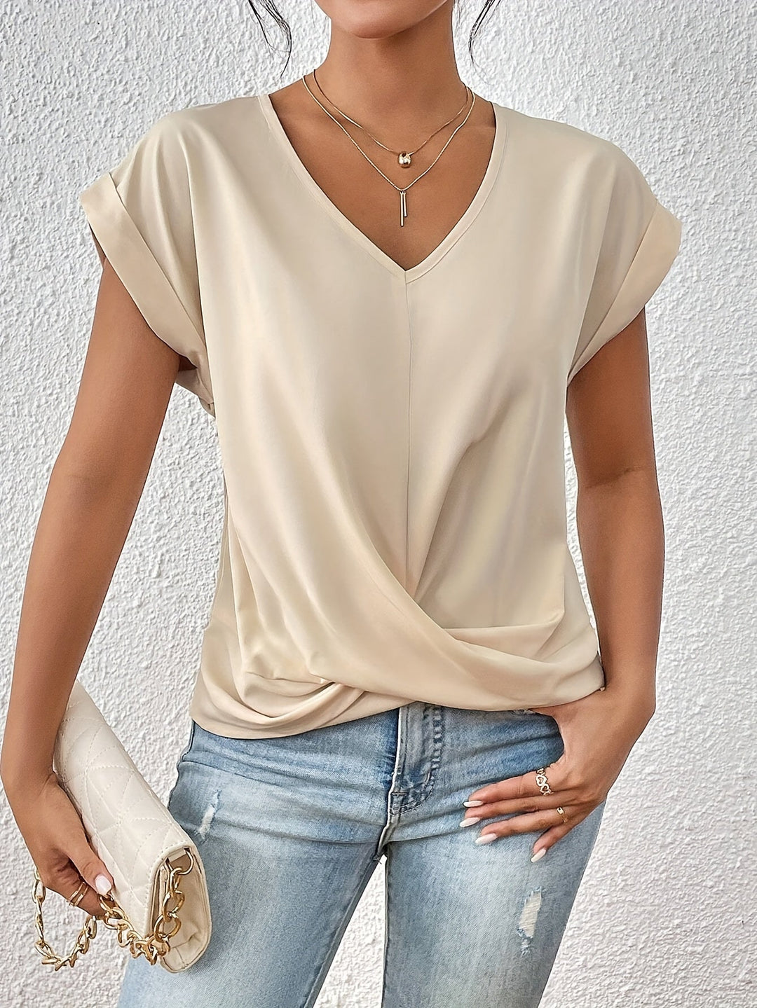 Women's V-Neck Twist Front Rolled Sleeve Dropped Shoulder Blouse