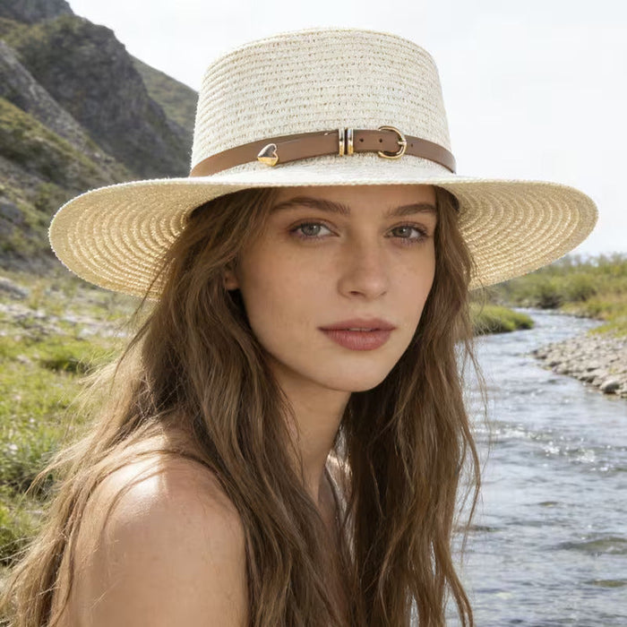 Women's Wide Brim Flat Crown Buckle Band Cowboy Straw Sun Hat