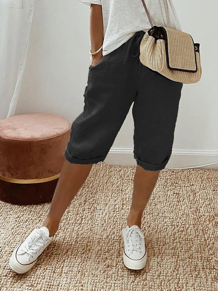 Women's Wide Leg Drawstring Waist Rolled Cuff Mid-Length Shorts