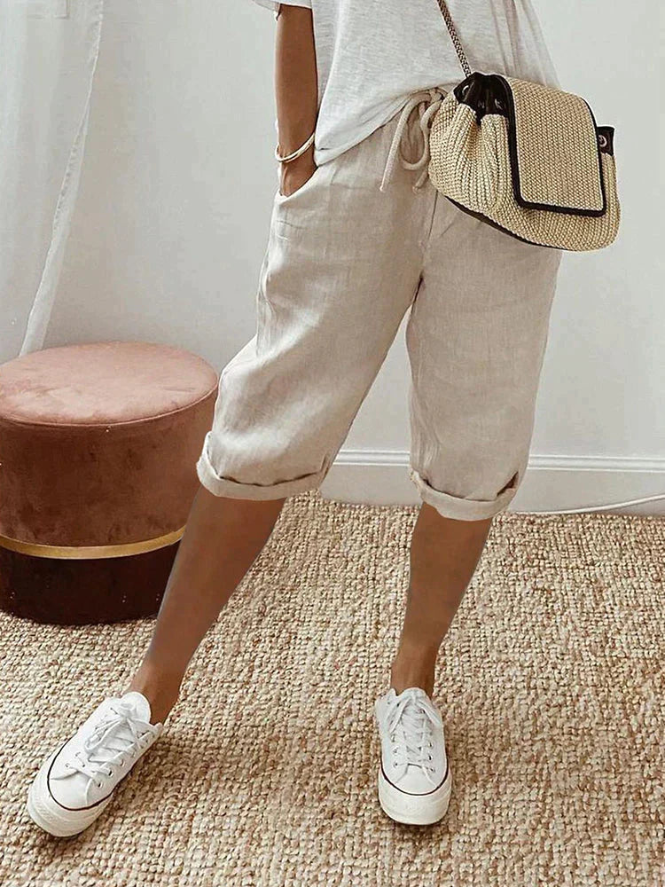 Women's Wide Leg Drawstring Waist Rolled Cuff Mid-Length Shorts