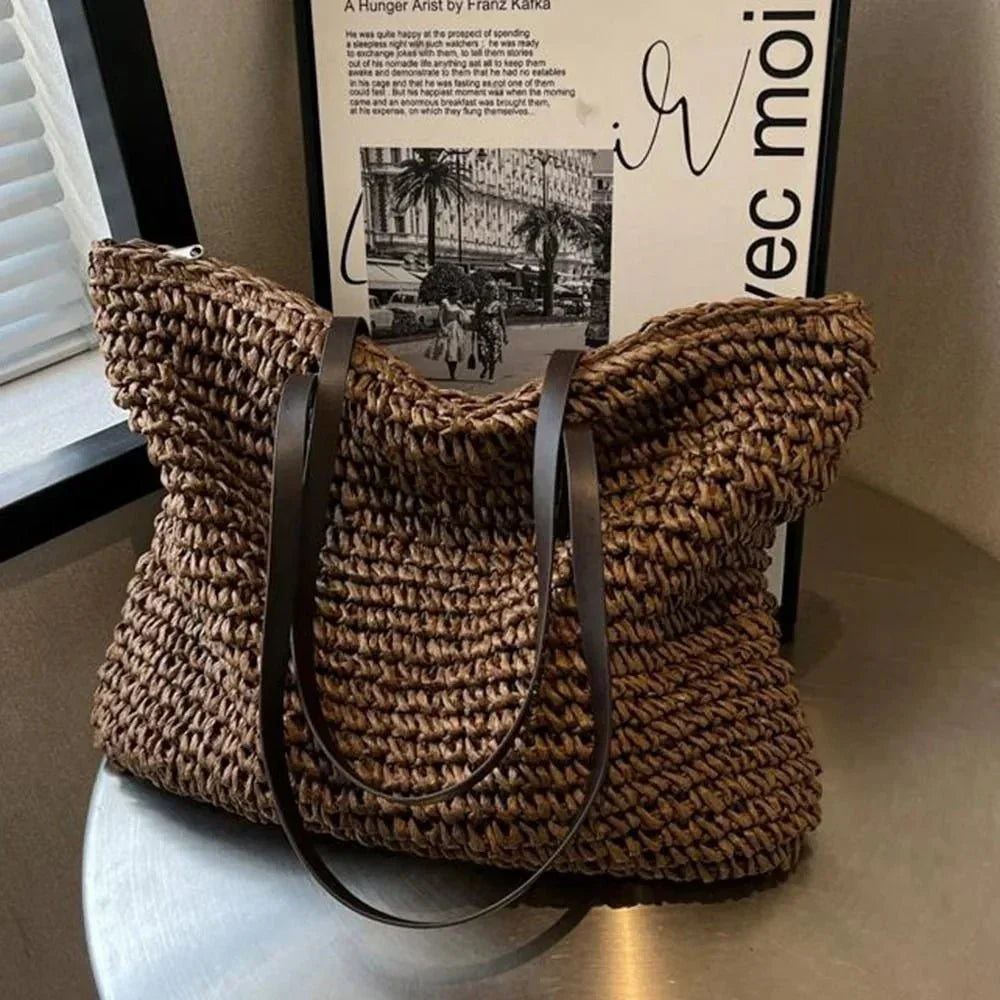Woven straw beach tote bag styled for summer