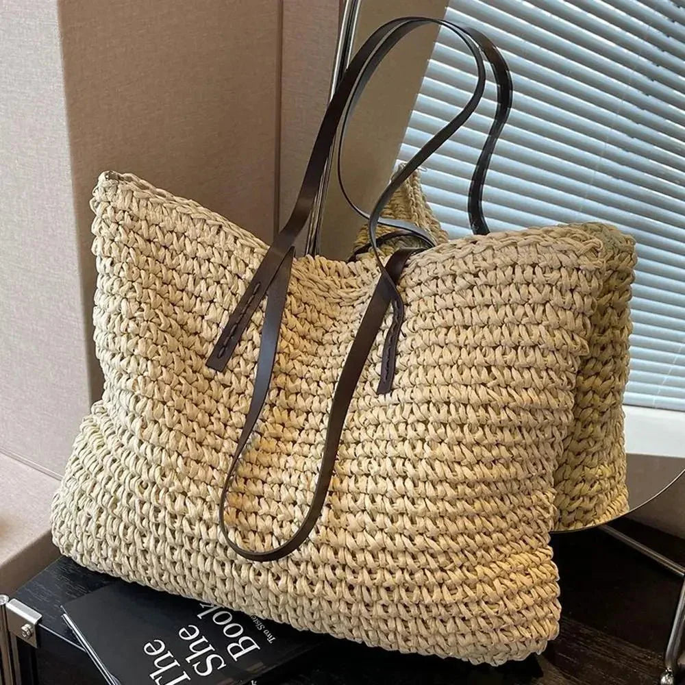 Open top of straw tote bag showing interior compartment