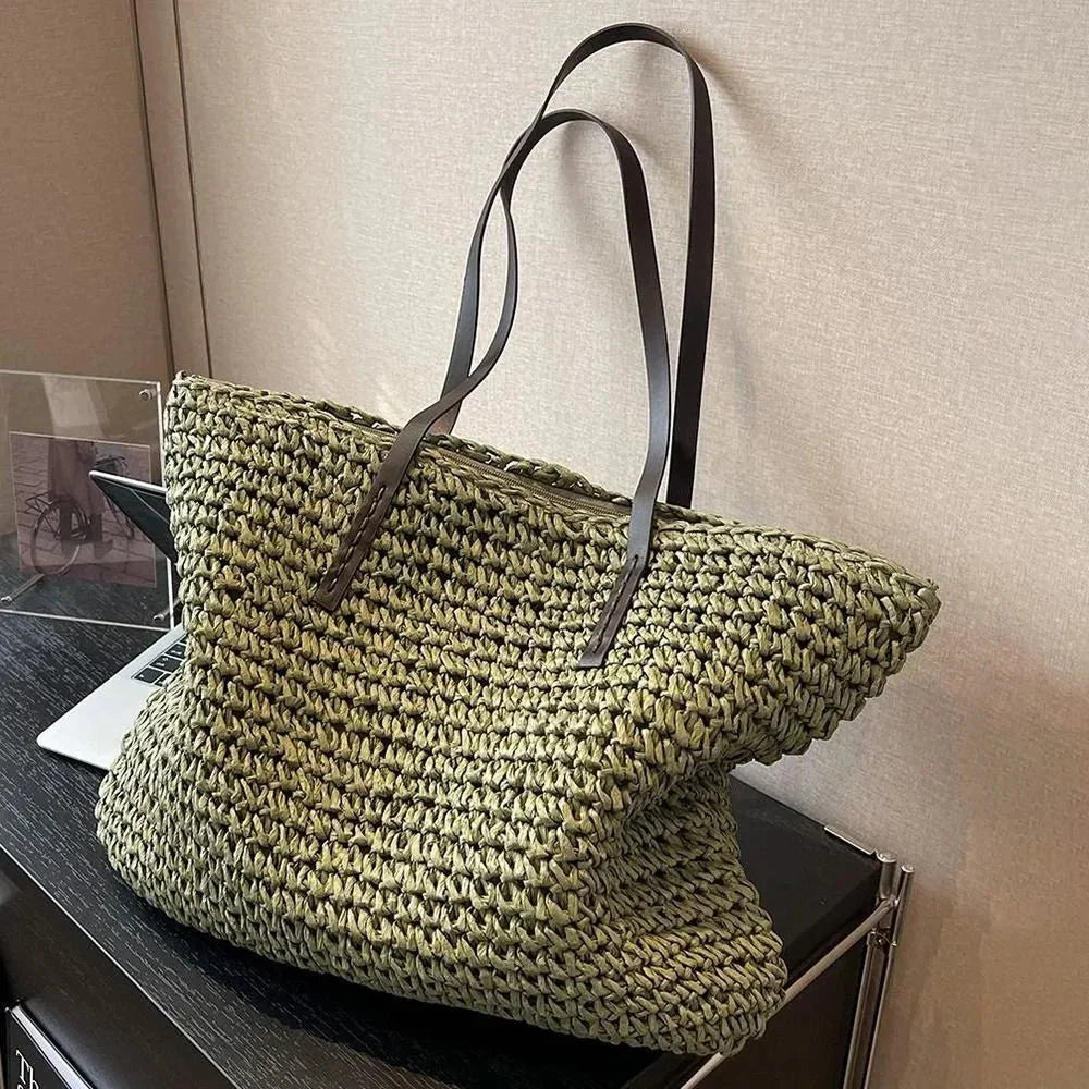 Straw tote bag full length showing open top