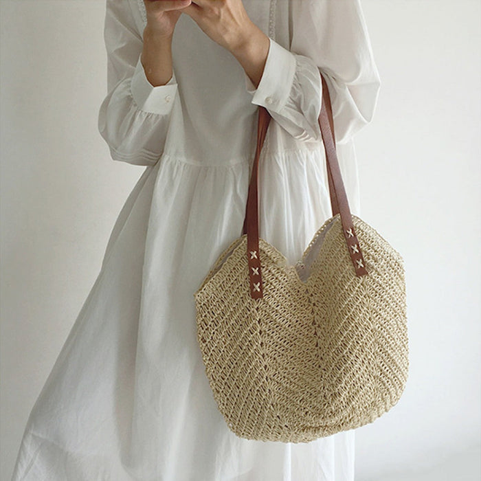 Women's Woven Structured Top Handle Adjustable Strap Tote Beach Bag