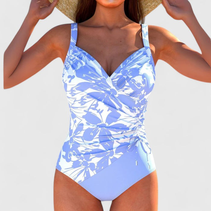 Women's Wrap Front Floral Print Wide Strap One-Piece Swimsuit