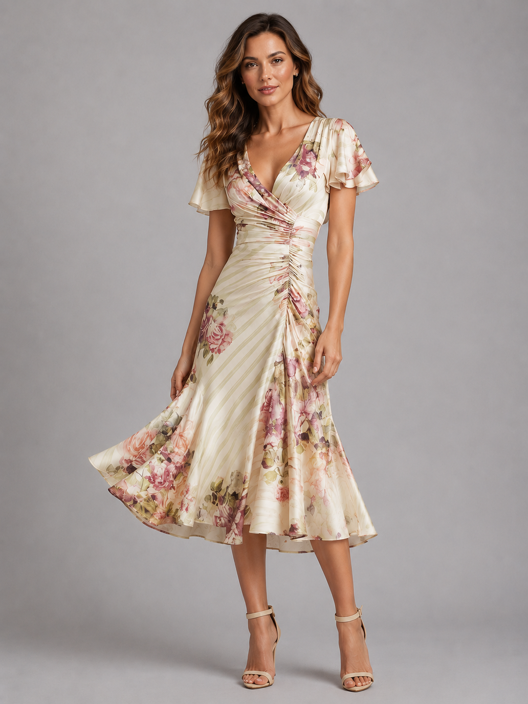 Women's Wrap Front Flutter Sleeve Floral Midi Summer Dress front view