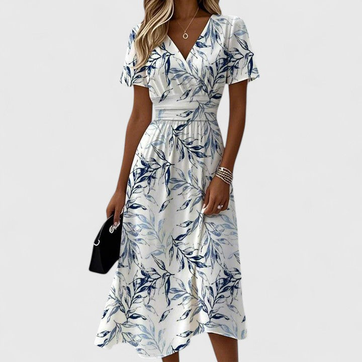 Women's Wrap Front Short Sleeve Floral Print Tie Waist Midi Summer Dress front view