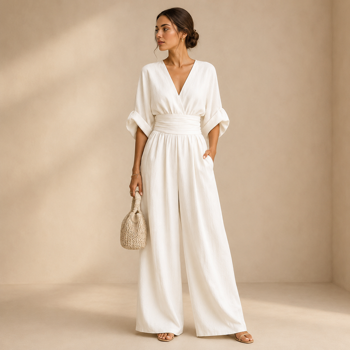 Women's Wrap V-Neck Belted Elbow Sleeve Wide-Leg Jumpsuit